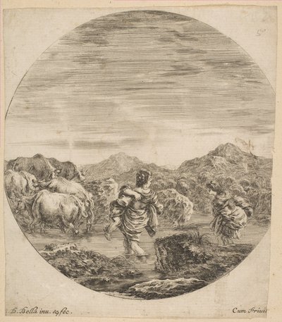 Dos mujeres cruzando un arroyo de Stefano della Bella