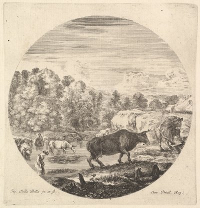 Dos vacas en el centro, seguidas por dos mujeres campesinas y otras vacas en el río, ca. 1643-48 de Stefano della Bella