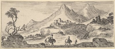 Dos jinetes descienden una colina en el centro, siguiendo a otro hombre a pie, un castillo en el..., ca. 1641 de Stefano della Bella