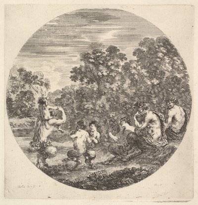Dos sátiros y un fauno sentados a la derecha observando a dos sátiros niños y otro sátiro de Stefano della Bella
