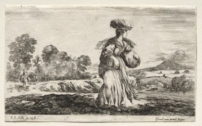 Varias figuras y paisajes: Mujer campesina llevando una cesta en la cabeza de Stefano della Bella