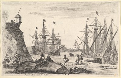 Vista de una parte de Calais, un hombre sentado en una canoa volcada, 1647 de Stefano della Bella