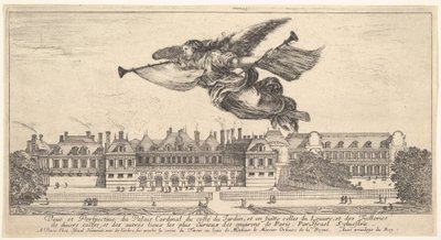 Vista del Palais Cardinal, la figura de la Fama en el centro superior volando hacia la izquierda, 1649-51 de Stefano della Bella