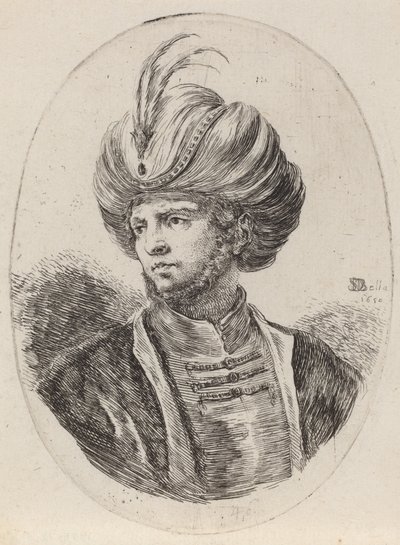 Joven moro con barba ligera y turbante con plumas, girado a la izquierda, 1650 de Stefano della Bella