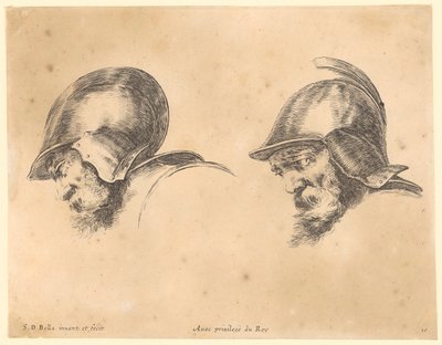 Dos retratos de hombres con barba y casco, de perfil hacia la izquierda de Stefano della Bella