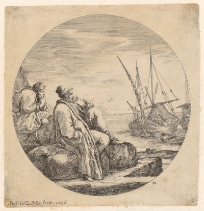Dos comerciantes turcos descansan en la orilla, junto a las barcas de Stefano della Bella