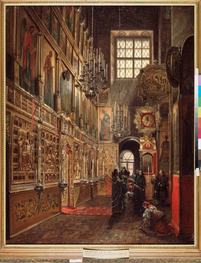 Un servicio de iglesia en la catedral de la Anunciación del Kremlin de Moscú (Un servicio de iglesia en la catedral de la Anunciación del Kremlin de Moscú) - Peinture de Stepan Mikhailovich Shukhvostov (1821-1908), huile sur toile de Stepan Mikhailovich Shukhvostov
