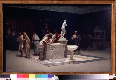 En el vestíbulo de Mecenas (Cayo Cilnius Maecenas (o Mecene) (ca. 70 a.C.-8 a.C.) (En el vestíbulo de Mecenas). Pintura de Stepan Vladislavovich Bakalovich (1857-1947). Óleo sobre lienzo, 45 x 72,7 cm de Stepan Vladislavovich Bakalovich