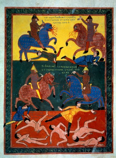 Los cuatro caballeros del Apocalipsis. El ángel hace sonar la sexta trompeta: la aparición de caballos con cabeza de león escupiendo fuego, jinetes montados con acorazados. Un tercio de los hombres perece. Miniatura en "Beatus de Liebana, Comentario al Apo de Stephanus Garcia