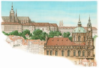 Vista de Praga, c.1900-2023 (tinta y acuarela) de Stephen Conlin