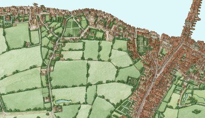 Bankside y Southwark, Londres, hacia 1600-25, 2021 (tinta y acuarela, digital) de Stephen Conlin