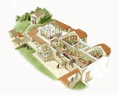Villa romana de Chedworth, c.380-390 d.C. (tinta y acuarela sobre papel) de Stephen Conlin