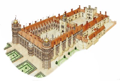 Palacio de Nonsuch, Surrey, c.1540-1600 (tinta y acuarela) de Stephen Conlin