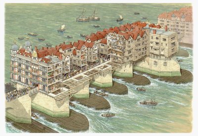 Old London Bridge (parte central), c.1580-1600 (tinta y acuarela) de Stephen Conlin
