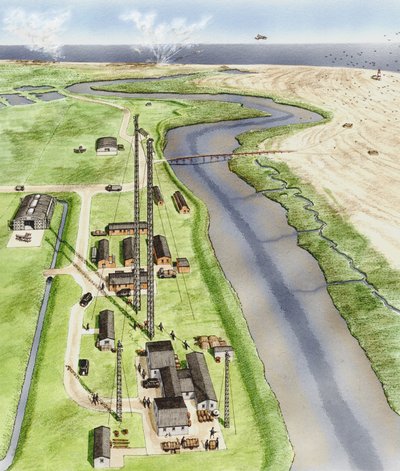 Orford Ness, Suffolk, c.1935-1945 (tinta, aerógrafo, acuarela) de Stephen Conlin