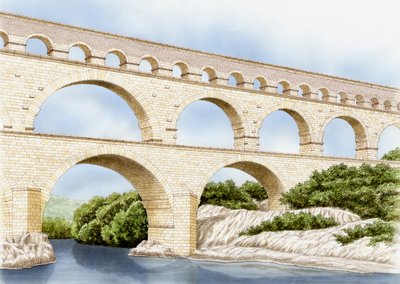 Pont de Gard hoy, Francia, c.1900-2023 (tinta y acuarela) de Stephen Conlin