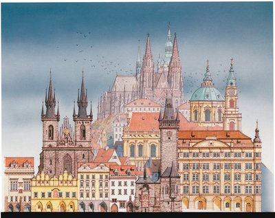 Edificios de Praga, c.1900-2023 (tinta y acuarela) de Stephen Conlin