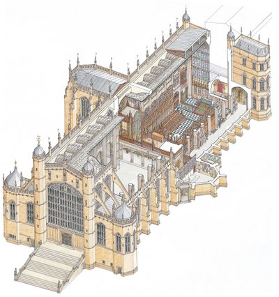 Capilla de San Jorge, Windsor, c.1900-2023 (dibujo de 2003) (tinta y acuarela) de Stephen Conlin