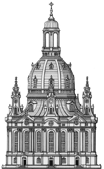 La Frauenkirche, Dresde, c.1730-2023 (dibujo de 1994) (tinta) de Stephen Conlin