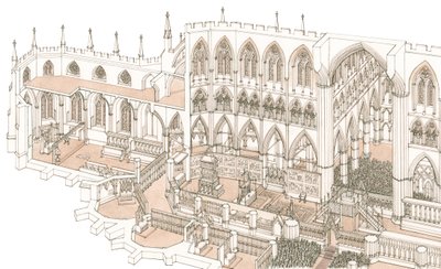 El cenáculo de la abadía de Westminster en el momento de la coronación del rey Enrique IV en 1399, 2023 (tinta y acuarela) de Stephen Conlin