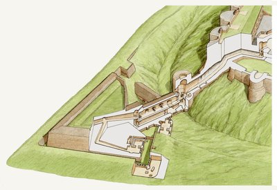 El espolón, castillo de Dover, Kent, c.1800-2023 (tinta y acuarela) de Stephen Conlin
