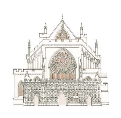 La fachada oeste de la catedral de Exeter, Devon (dibujo de 2002), c.1900-2023 (tinta y acuarela) de Stephen Conlin