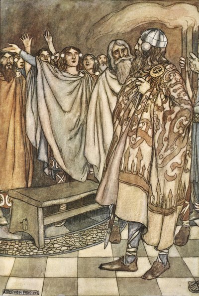 Un poderoso grito de exultación surgió de los habitantes del Ulster, ilustración de "The High Deeds of Finn, and other Bardic Romances of Ancient Ireland" de T.W. Rolleston (litografía en color) de Stephen Reid