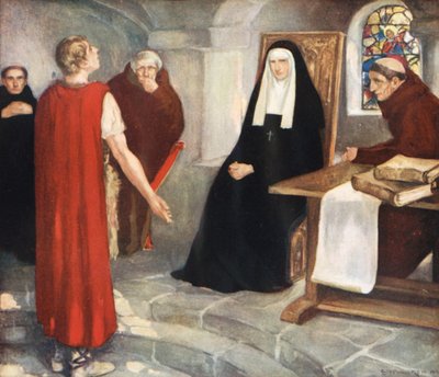Caedmon ante Santa Hilda (litografía en color) de Stephen Reid