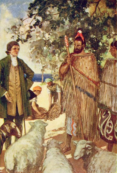 El capitán Cook (1728-79) presenta a los nativos unas ovejas y cabras, ilustración de "The Book of Discovery" de T.C. Bridges, publicada en 1931 (litografía en color) de Stephen Reid