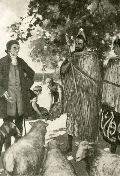 El capitán Cook ganando el favor de los nativos (litografía) de Stephen Reid