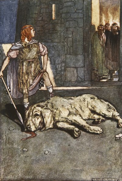 Cuchalain mata al sabueso de Culain, ilustración de "Cuchulain, The Hound of Ulster", de Eleanor Hull (1860-1935) de Stephen Reid