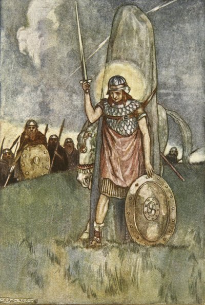 Cuchulain llega por fin a su muerte, ilustración de "Cuchulain, The Hound of Ulster", de Eleanor Hull (1860-1935) de Stephen Reid