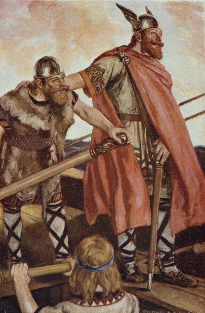 Erik el Rojo (950-1003/04) zarpa hacia Groenlandia, ilustración de "The Book of Discovery" de T.C. Bridges, publicada en 1931 (litografía en color) de Stephen Reid