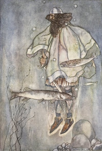 Fergus baja al lago, ilustración de "The High Deeds of Finn, and other Bardic Romances of Ancient Ireland" de T.W. Rolleston (litografía en color) de Stephen Reid