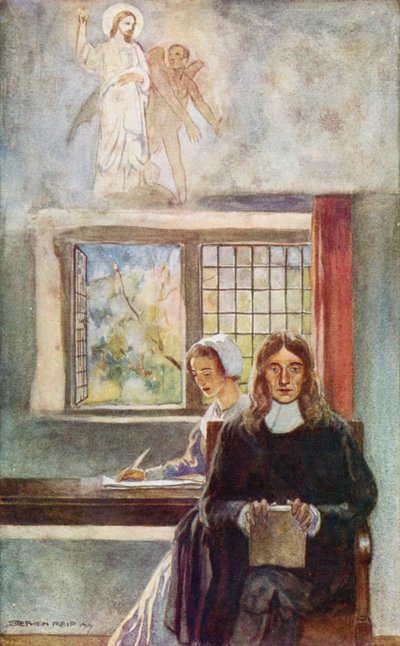 John Milton dictando El Paraíso Perdido a su hija (litografía en color) de Stephen Reid