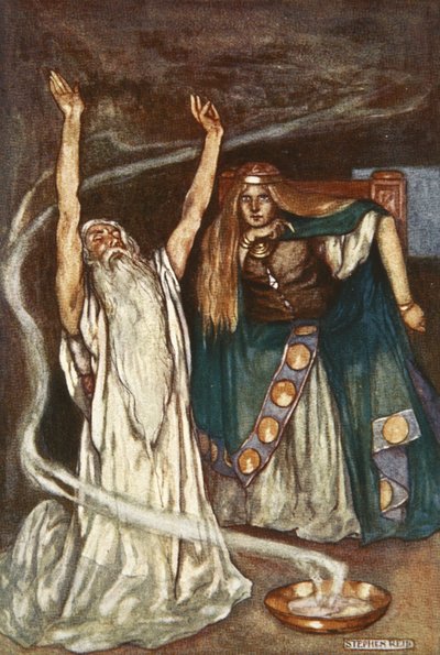 La reina Maeve y el druida, ilustración de "Cuchulain, The Hound of Ulster", de Eleanor Hull (1860-1935) de Stephen Reid