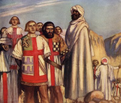 Los caballeros de la Cruz Roja en el poder de Saladino (litografía en color) de Stephen Reid