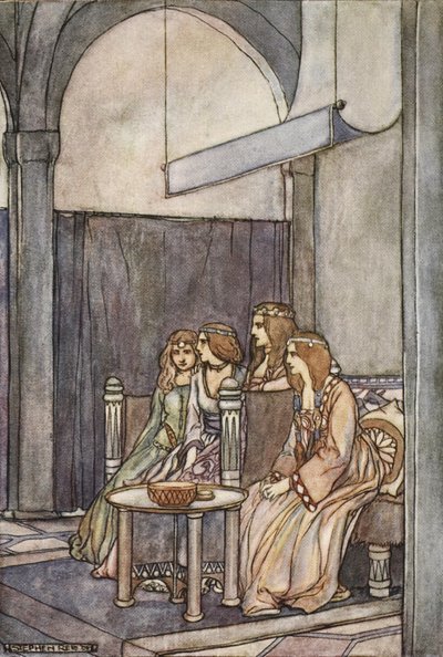 Allí estaban sentadas las tres doncellas con la Reina, ilustración de 