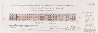 Diseño para las Casas de ambos lados de la Calle prevista para extenderse en línea recta desde la Mansion-House hasta More-Gate, propuesto humildemente para consideración, 1762 de Stephen Riou