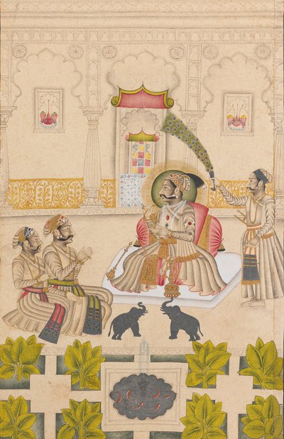 Maharana Amar Singh II muestra dos elefantes de plata, ca. 1705 de Stipple Master
