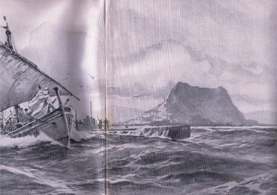 Submarino alemán viajando por los estrechos de Gibraltar en camino a los Dardanelos, de La Historia Ilustrada de la Guerra Mundial 1914-1915 publicada por Union Berlagsefellfchaft de Willy Stoewer 