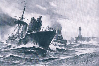 Patrulleras y dragaminas saliendo del puerto de Zeebrugge, de La Historia Ilustrada de la Primera Guerra Mundial 1914-1915 publicada por Union Berlagsefellfchaft de Willy Stoewer 