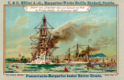 Buques de guerra alemanes Stein y Charlotte en el puerto de Port au Prince, Haití, durante el Asunto Luders, 6 de diciembre de 1897 (cromolitografía) de Stoewer Willy