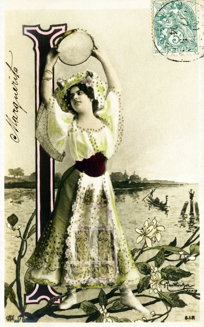 I: Mlle Fischer, artista de los años 1900 - Alfabeto en postal de Studio Reutlinger