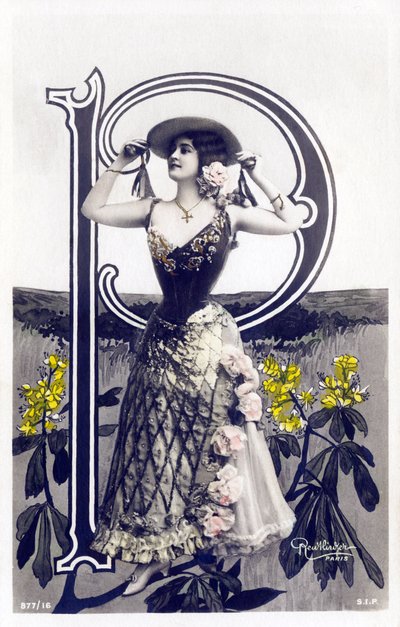 P: Mlle Lolita, artista de los años 1900 - alfabeto en postal de Studio Reutlinger