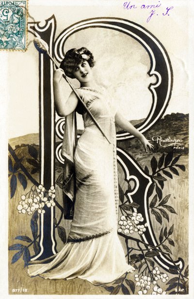 R: Gabrielle Robinne, actriz francesa, Comédie-Française, París - alfabeto en postal de Studio Reutlinger