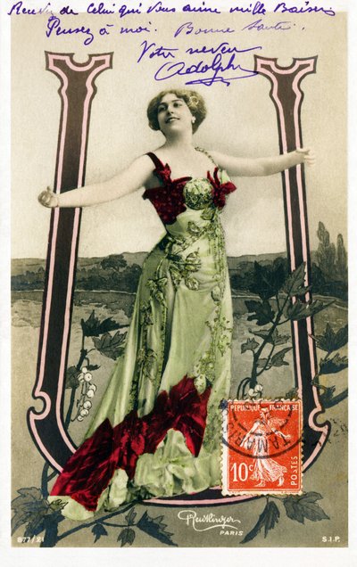 U: Olive Haygate, actriz inglesa de la Belle Époque - alfabeto en postal de Studio Reutlinger