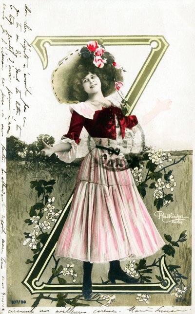 Z: Constance Elise De Vere, actriz francesa de origen inglés nacida en Bélgica, alfabeto en postal de Studio Reutlinger