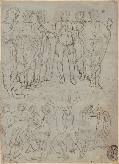 Seis Hombres Conversando y Diez Desnudos Luchando de Studio of Francesco Squarcione