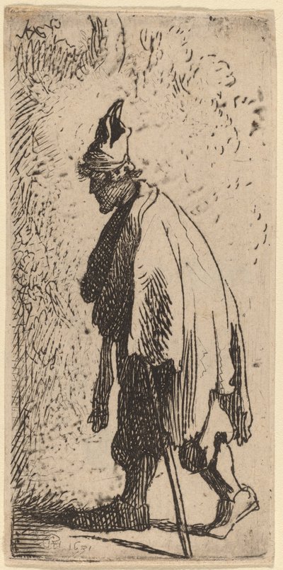 Mendigo con un Bastón, Caminando hacia la Izquierda de Studio of Rembrandt van Rijn